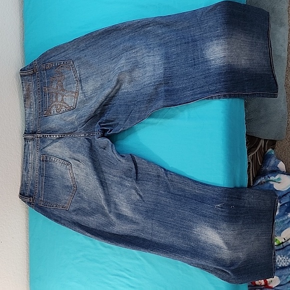 Not Of This World Jesus Medium Wash Distressed Denim Jeans, Size 33 - Picture 5 of 16